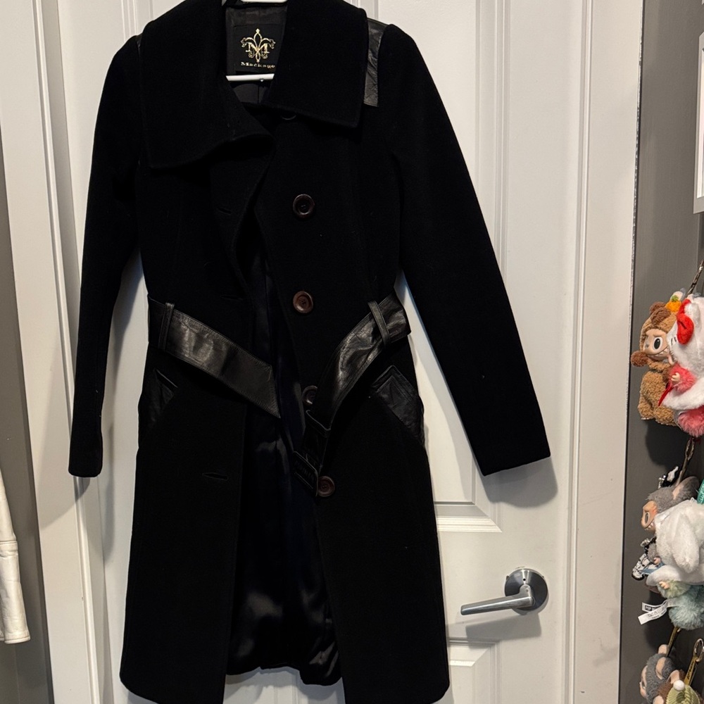 Mackage Black Trench Coat with Leather Details